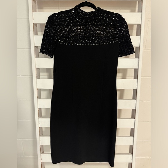 ST JOHN Evening Black Sheath Dress Size 8 Embellished Sequin Mock Neck - Picture 4 of 14